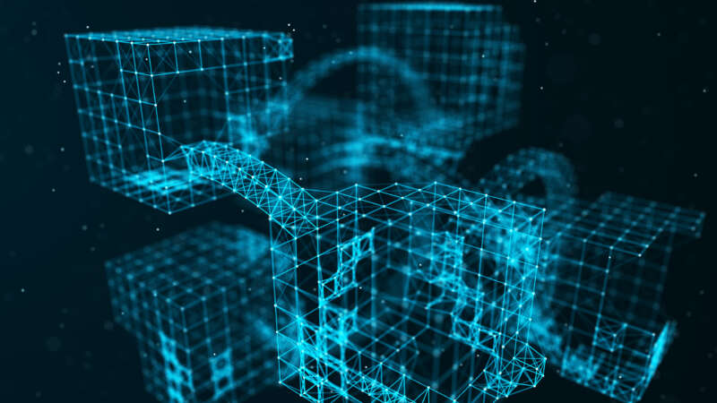 Abstract network of blocks or cubes. Technology connection ol lines. Wireframe cubes connected with bridges. Digital background. 3d rendering